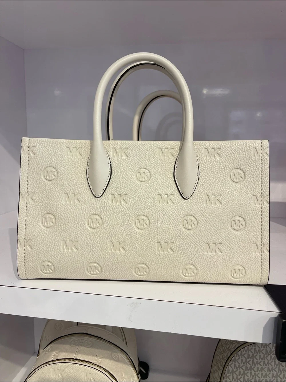Michael Kors Mirella Md Logo Debossed Satchel Shoulder Tote Handbag Lt Cream NWT